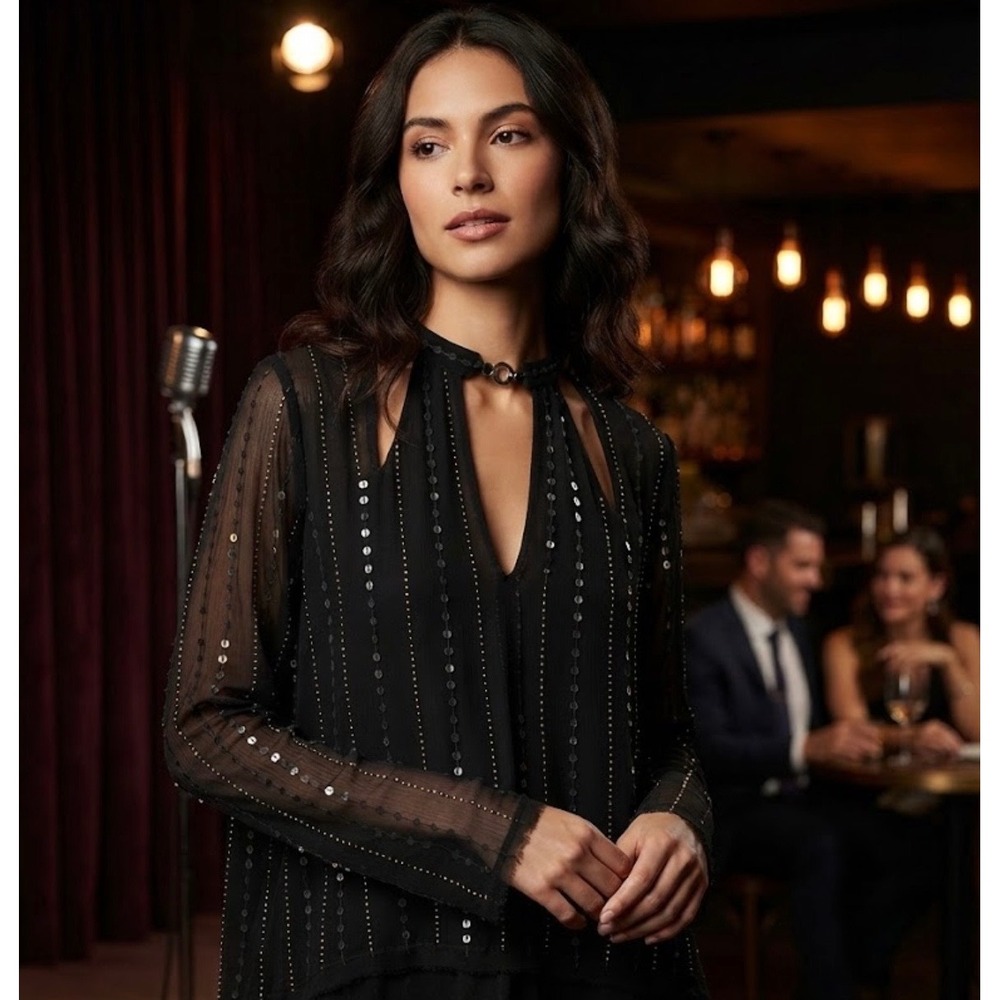 Free People Young Love Shirt Women Medium Black Beaded Sequin Cut Out Lined